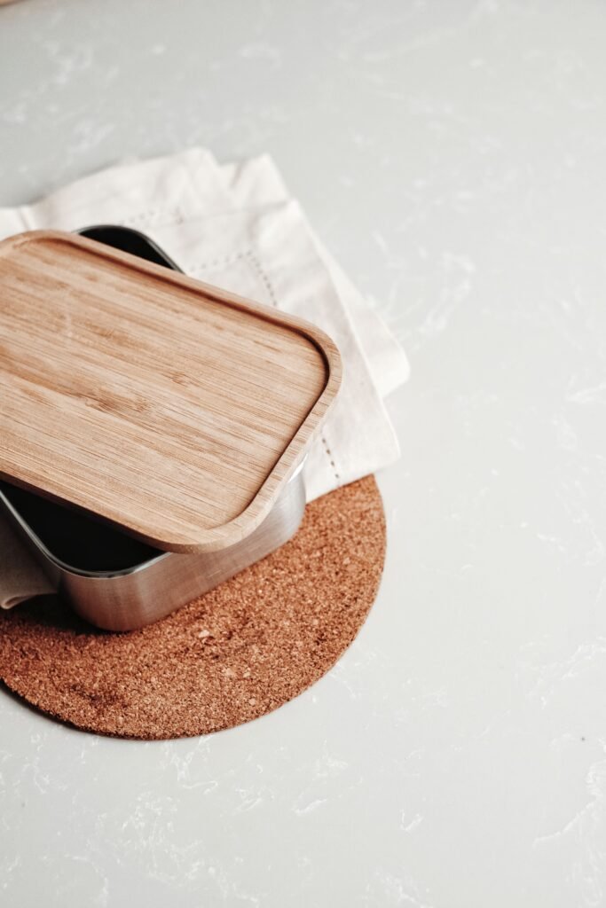 Sustainable kitchen materials including natural wood and recycled materials