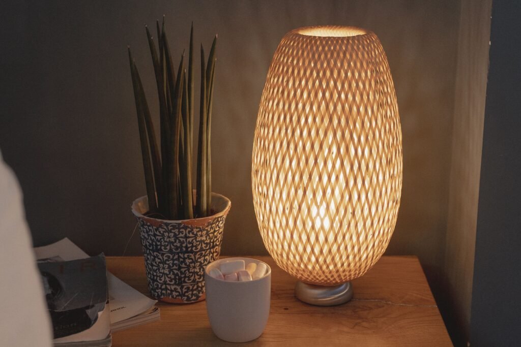 A bamboo table lamp on a side table